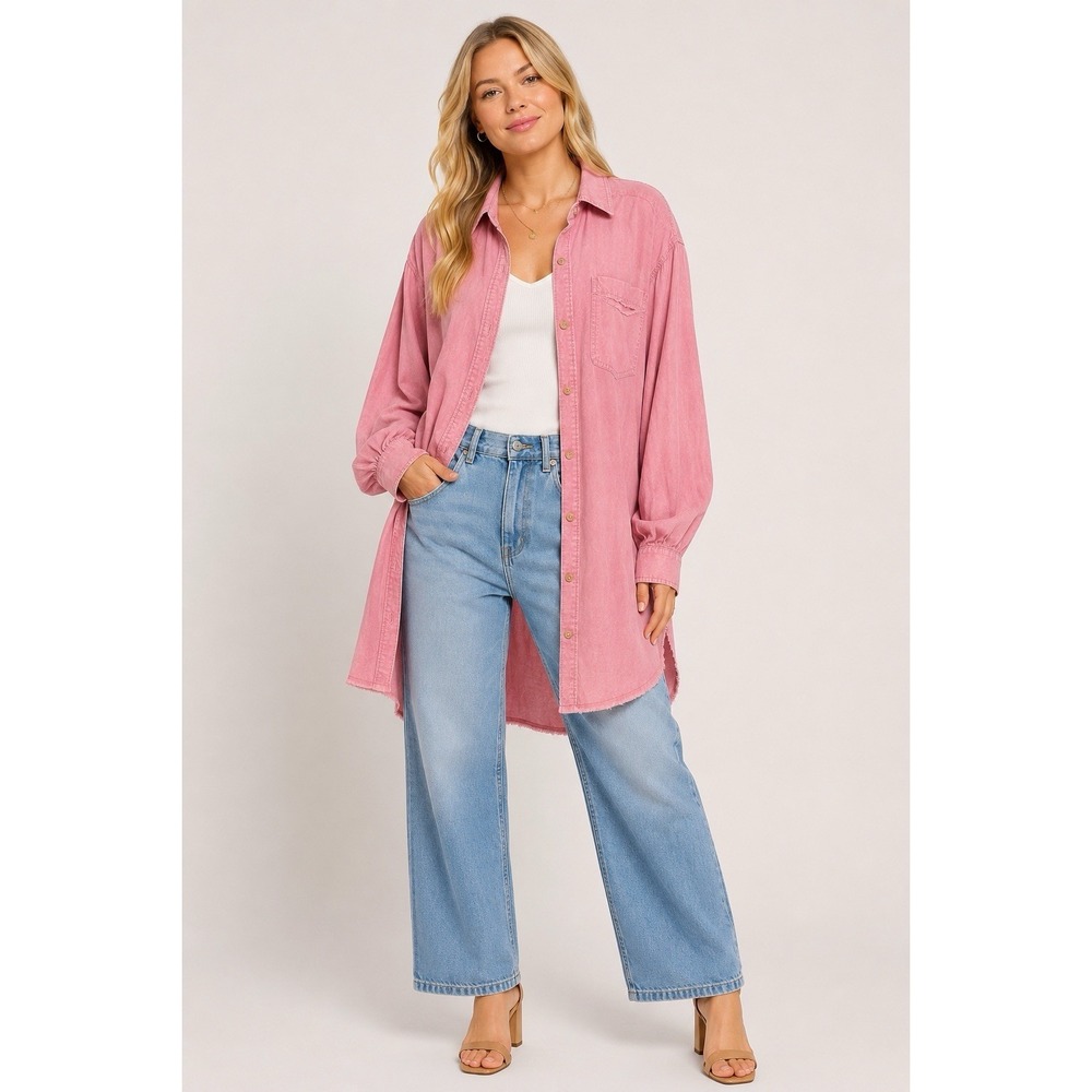 Blue Blush Pink Oversized Button Up Shirt XL 100% Cotton Raw Hem Boho Casual